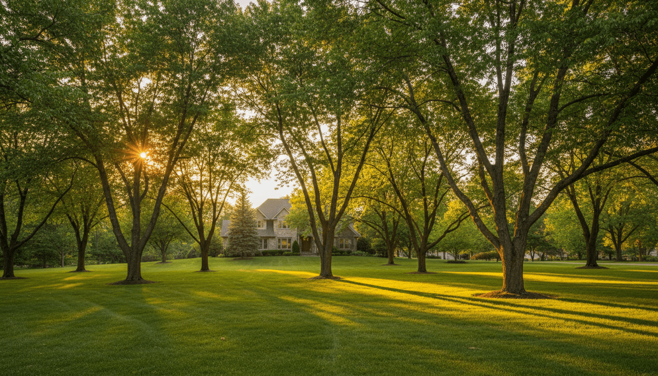 Well-maintained residential landscape with professionally trimmed trees and healthy green lawn