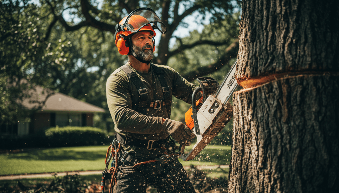Professional arborist in safety gear operating chainsaw to remove a large tree