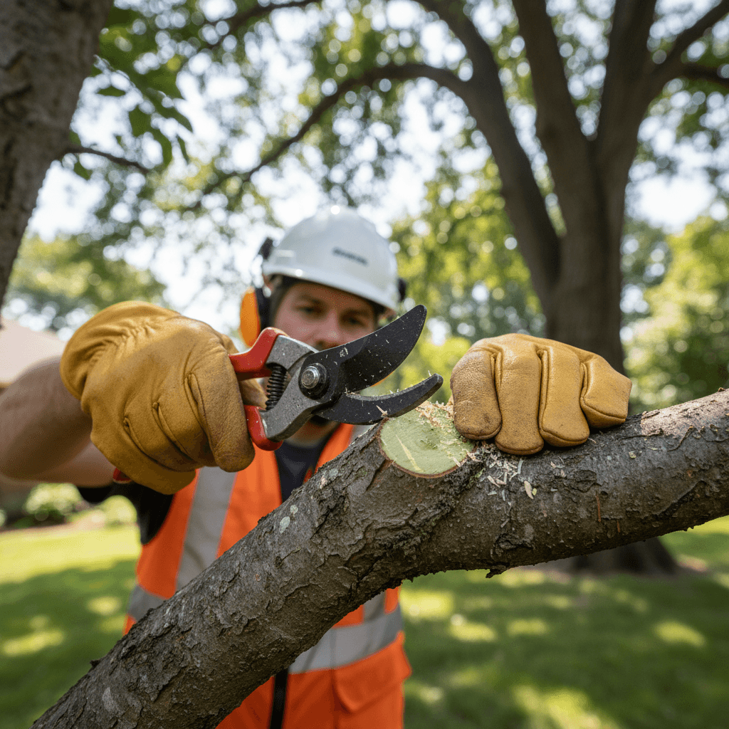 Technician trimming branches away from residential roof
