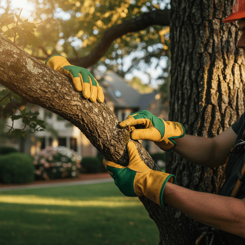 Arborist in safety gear inspecting a tree trunk in Carpentersville