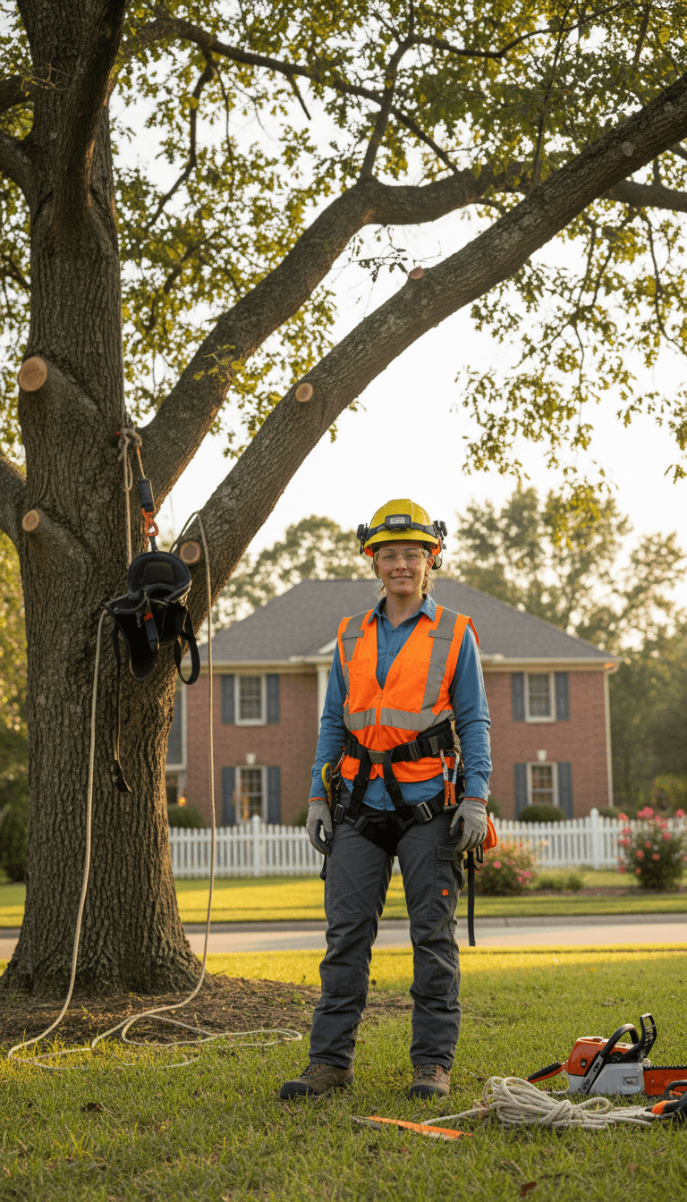 Property owner consulting with tree service professional about cleanup costs
